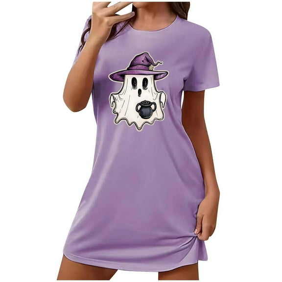 Tnhcen Family-Friendly Halloween Sleepwear Plus Size Funny Cartoon Print Short Dress Round Neck Short Sleeve Stretchy Polyester Spandex S-2XL for All Ages