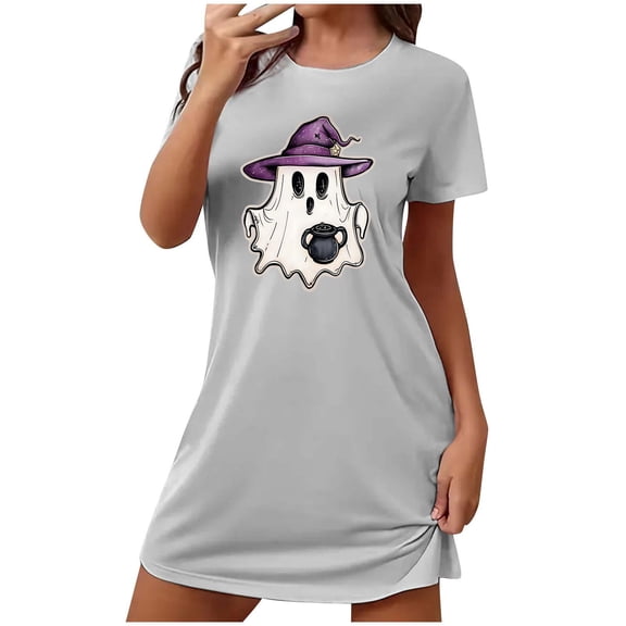 Tnhcen Family-Friendly Halloween Sleepwear Plus Size Funny Cartoon Print Short Dress Round Neck Short Sleeve Stretchy Polyester Spandex S-2XL for All Ages