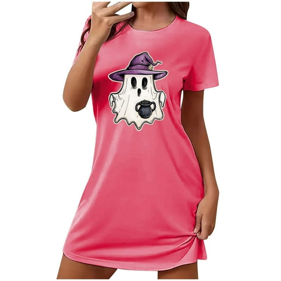 Tnhcen Family-Friendly Halloween Sleepwear Plus Size Funny Cartoon Print Short Dress Round Neck Short Sleeve Stretchy Polyester Spandex S-2XL for All Ages