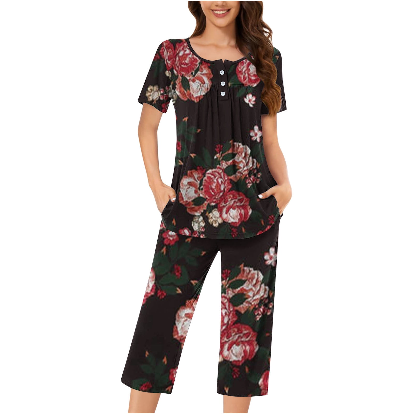 Flowers Print Shirt & Trousers Pajamas Set