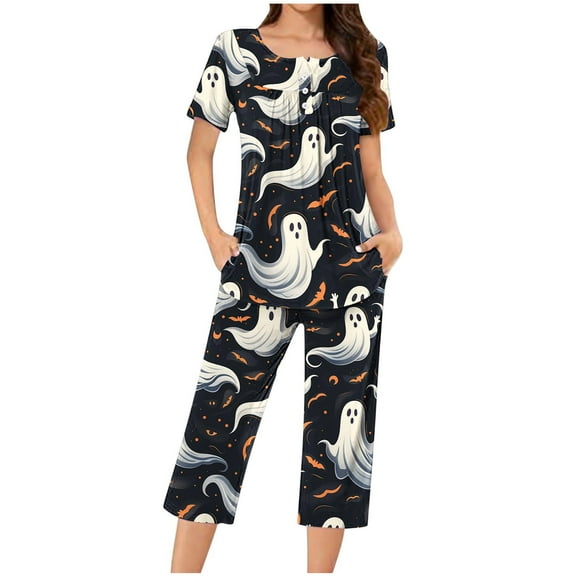 Tnhcen Festive Crew Neck 2-Piece Pajamas Women’s Halloween Print Short Sleeve Capri Pants with Pockets Cozy Home Clothes S-3XL