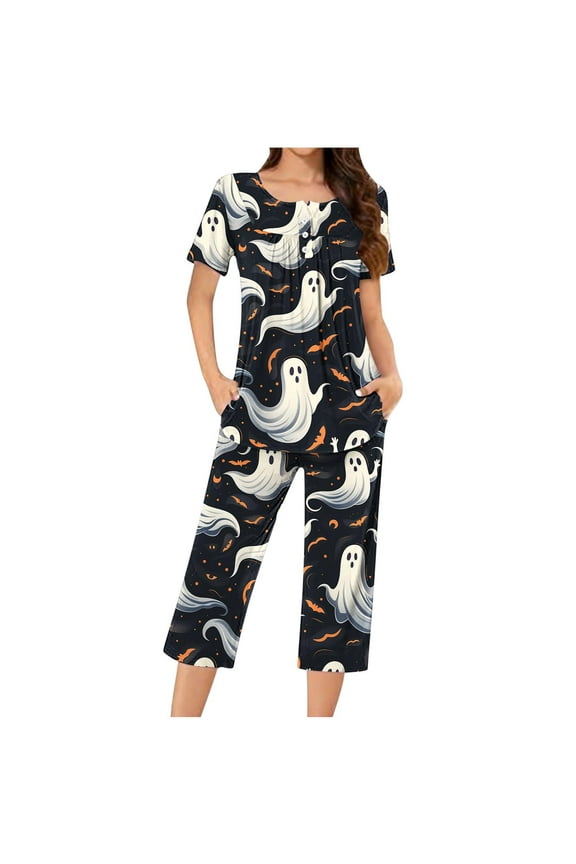 Tnhcen Festive Crew Neck 2-Piece Pajamas Women’s Halloween Print Short Sleeve Capri Pants with Pockets Cozy Home Clothes S-3XL