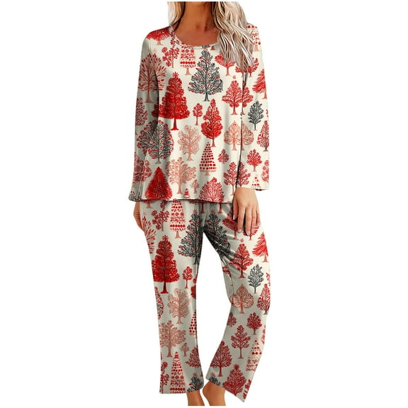 Tnhcen Festive Printed Long Sleeve Pajamas for Women Christmas Graphic Crew Neck Soft Pjs Nightwear Lounge Home Clothes​ S-2XL