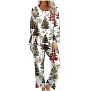 TNHCEN Festive Printed Long Sleeve Pajamas for Women Christmas Graphic Crew Neck Soft Pjs Nightwear Lounge Home Clothes​ S-2XL