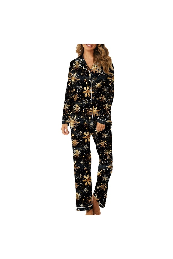 Festive Snowflake Women's Christmas Pajamas 2-Piece Long Sleeve Button-Down Set Soft Nightwear with Lounge Home Clothes Pjs S-3XL