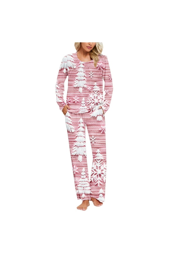 Festive Winter Women's Christmas Tree Print Pajamas Set Long Sleeve 2-Piece Sleepwear Crew Neck with Pockets Cute Nightwear Lounge Wear S-3XL