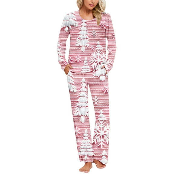 Tnhcen Festive Winter Women's Christmas Tree Print Pajamas Set Long Sleeve 2-Piece Sleepwear Crew Neck with Pockets Cute Nightwear Lounge Wear S-3XL