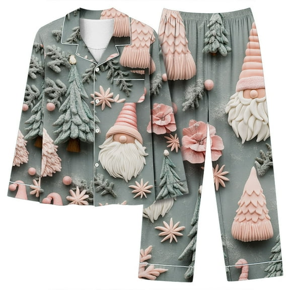 Tnhcen Festive Winter Women's Pajama Set Christmas Print V-Neck Long Sleeve Button Top Elastic Waist Pants Snug Nightwear and Home Lounge Wear S-2XL