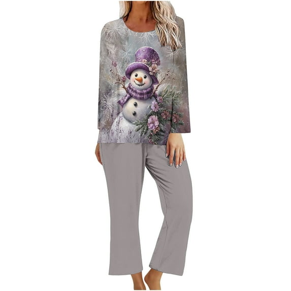 Tnhcen Festive Women's 2-Piece Pajamas Set Long Sleeve Crew Neck Top Pants Christmas Print Nightwear Lounge Home Clothes S-2XL