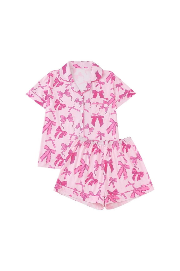 Gift for Mommy and Me Women's Bow Print Pajamas Set Satin Silky Pjs Set 2 Pcs Button-Down Nightwear Homewear S-2XL