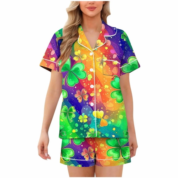 Tnhcen Girls & Women's Cute Flower Print Pajamas Set Silk Satin Button-Down Sleepwear 2 Piece Nightwear Set 3 Years - Women XXL S-2XL