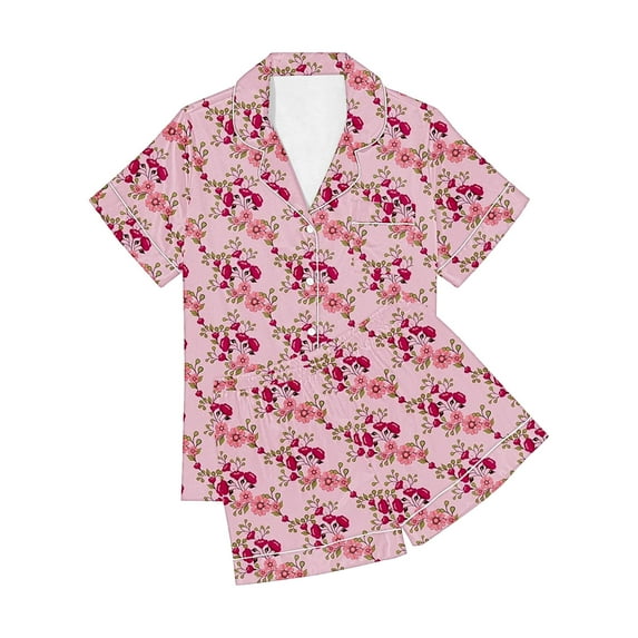 Tnhcen Girls & Women's Cute Flower Print Pajamas Set Silk Satin Button-Down Sleepwear 2 Piece Nightwear Set 3 Years - Women XXL S-2XL