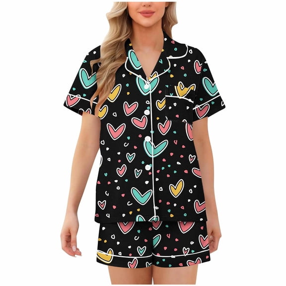 Tnhcen Women's Valentine's Day Pajamas 2-Piece Set Button - Front Short Sleeve Heart Print Milk Silk Soft Stretchy Sleepwear S - 2XL