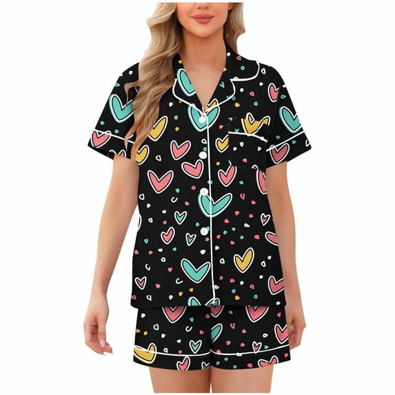 Tnhcen Women's Valentine's Day Pajamas 2-Piece Set Button - Front Short Sleeve Heart Print Milk Silk Soft Stretchy Sleepwear S - 2XL