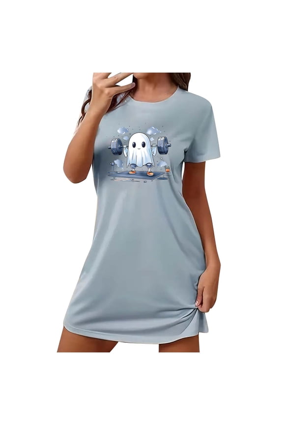 Halloween Home Loungewear Plus Size Cartoon Print Short Sleeve Sleep Dress Round Neck Soft Polyester Spandex S-2XL for Relaxed Festive Vibes