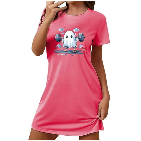 Tnhcen Halloween Home Loungewear Plus Size Cartoon Print Short Sleeve Sleep Dress Round Neck Soft Polyester Spandex S-2XL for Relaxed Festive Vibes