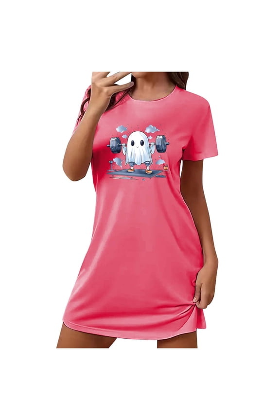 Halloween Home Loungewear Plus Size Cartoon Print Short Sleeve Sleep Dress Round Neck Soft Polyester Spandex S-2XL for Relaxed Festive Vibes