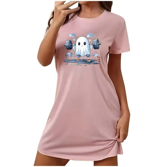 Tnhcen Halloween Home Loungewear Plus Size Cartoon Print Short Sleeve Sleep Dress Round Neck Soft Polyester Spandex S-2XL for Relaxed Festive Vibes
