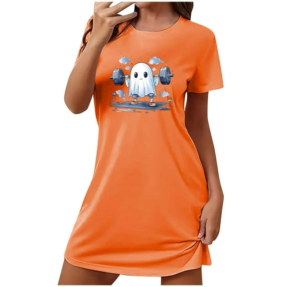 Tnhcen Halloween Home Loungewear Plus Size Cartoon Print Short Sleeve Sleep Dress Round Neck Soft Polyester Spandex S-2XL for Relaxed Festive Vibes