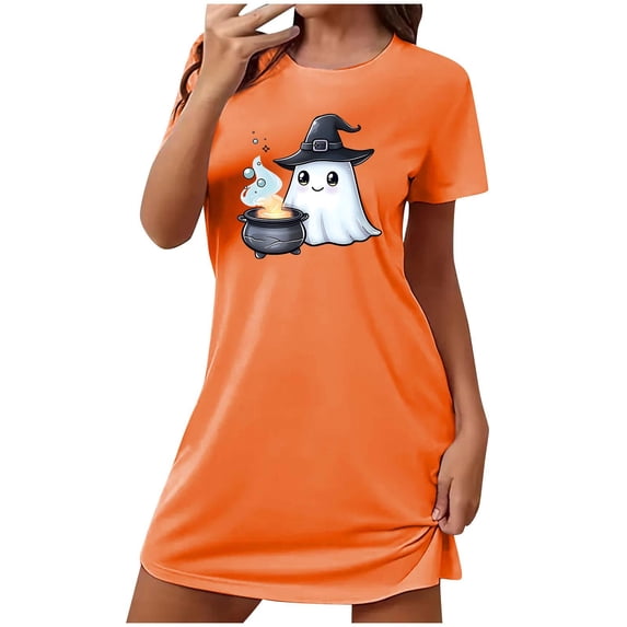 Tnhcen Halloween Party Essential Plus Size Cartoon Print Short Sleeve Sleep Dress Round Neck Soft Polyester Spandex S-2XL for Stylish Comfort