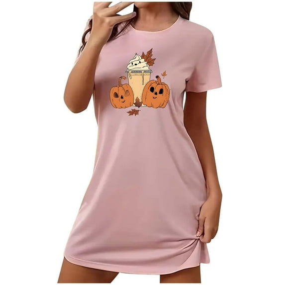 Tnhcen Halloween Plus Size Sleep Dress Funny Cartoon Print Short Sleeve Round Neck Short Length Stretchy Polyester Spandex S-2XL for Every Body Type