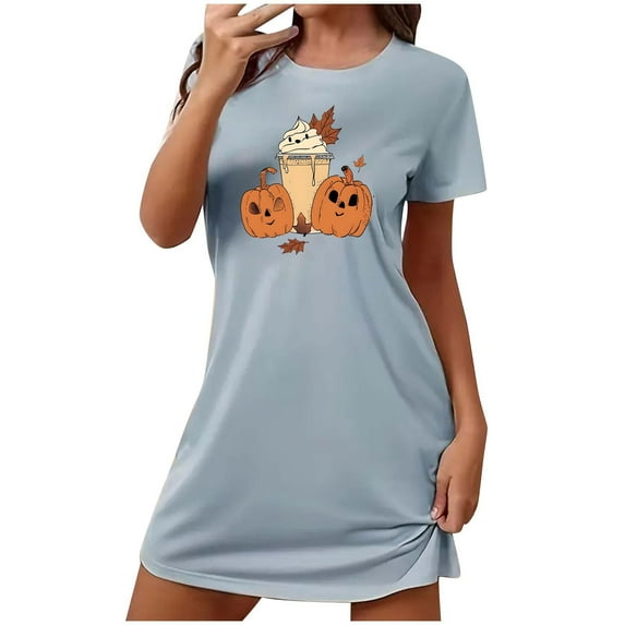 Tnhcen Halloween Plus Size Sleep Dress Funny Cartoon Print Short Sleeve Round Neck Short Length Stretchy Polyester Spandex S-2XL for Every Body Type