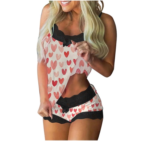 Tnhcen Women's Casual Sleepwear Set Red Heart Print with Black Lace Trim Pajama Tops & Shorts for Women Valentine's Day Comfort Stretchy Pajamas S - 2XL
