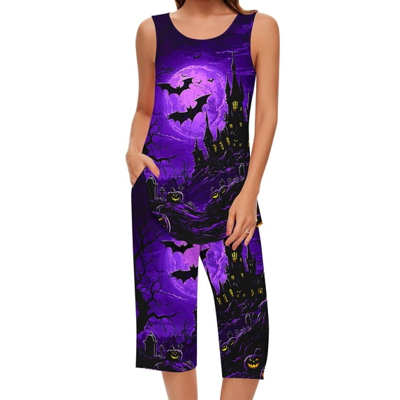 Tnhcen Halloween Women's Pajama Set Sleeveless Round Neck Tank Top & Capri Pants 2-Piece Loungewear Soft Stretch Sleepwear S-2XL
