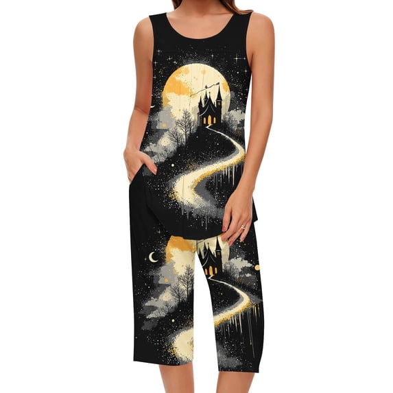 Tnhcen Halloween Women's Pajama Set Sleeveless Round Neck Tank Top & Capri Pants 2-Piece Loungewear Soft Stretch Sleepwear S-2XL