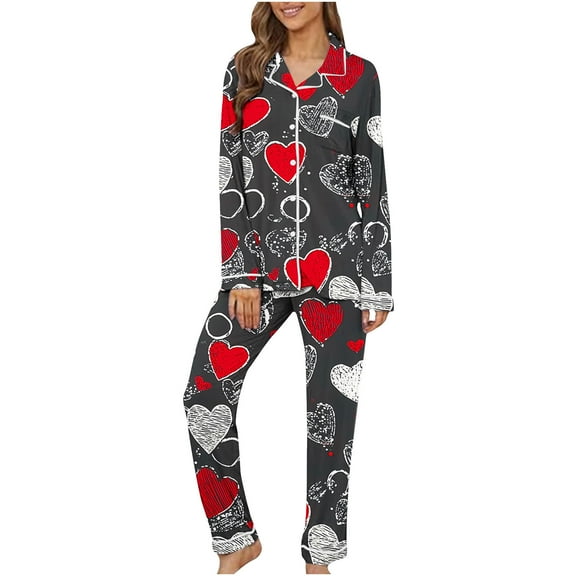 Tnhcen Heart Print Pajamas For Women Set Long Sleeve Button Down Pjs Set Loungewear Sets Sleepwear Nightwear