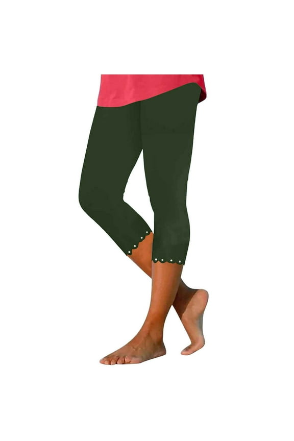 High Waisted Women's Yoga Capris - Diamond-Embroidered Hem Fitted Leggings Stretchy Spandex & Milk Silk Brushed Fabric Summer Activewear Workout & Casual Wear S-3XL