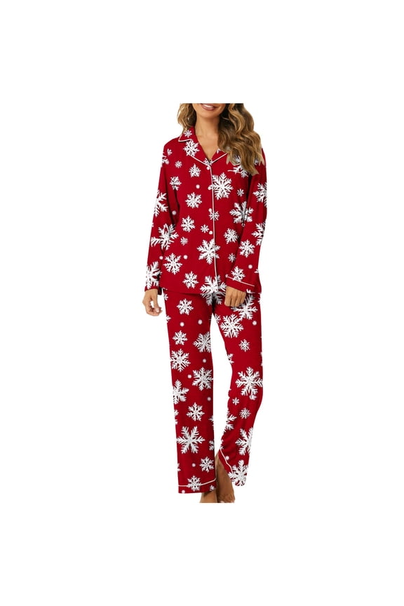 Holiday Women’s Christmas Snowflake Print Pajamas 2-Piece Long Sleeve Button Pjs Set Soft Elegant Nightwear Lounge Home Clothes S-3XL