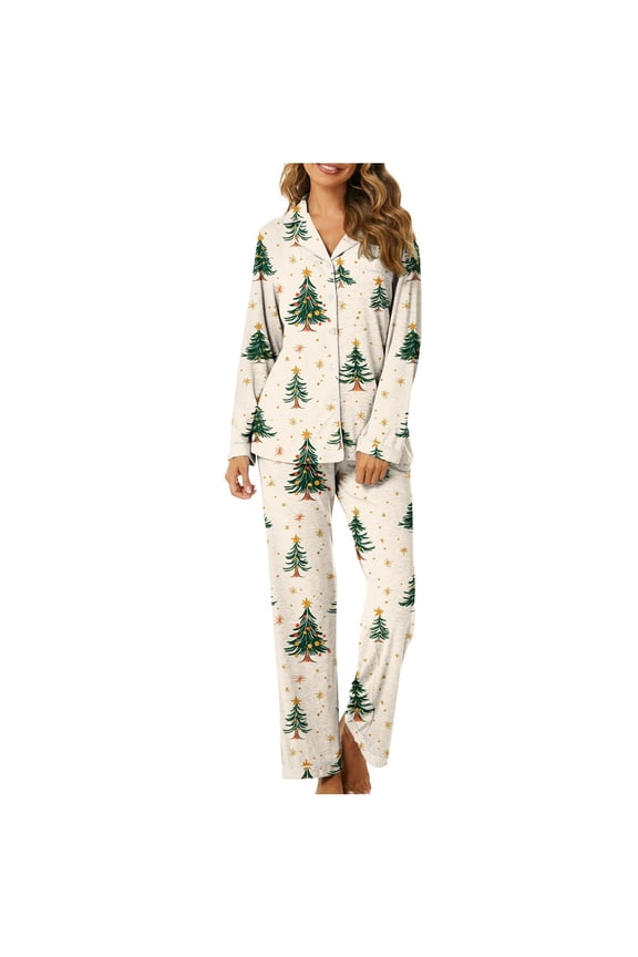 Holiday Women’s Christmas Tree Print Pajama Set Long Sleeve Button Front Pajamas Pants Soft Elegant Loungewear Pjs Home Clothes S-3XL
