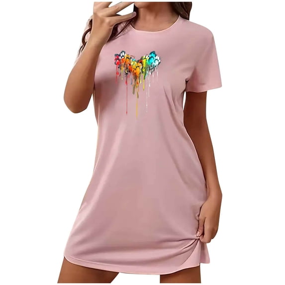 Tnhcen Inclusive Casual Loungewear – Short Sleeve Crew Neck Sleep Dress with Fun Pattern Stretchy Polyester Spandex S-2XL for All Sizes