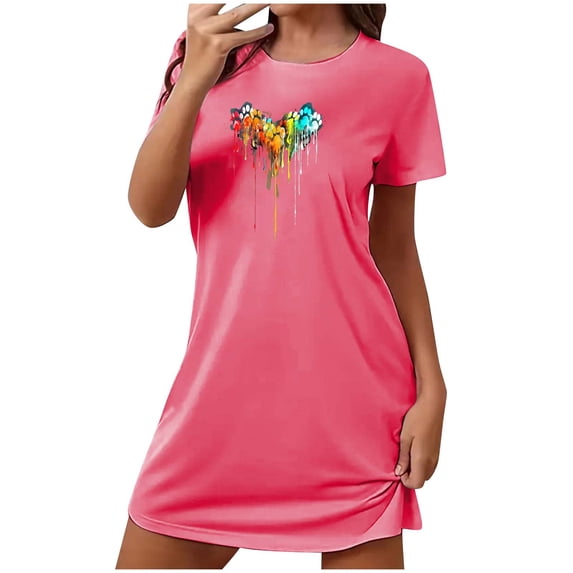 Tnhcen Inclusive Casual Loungewear – Short Sleeve Crew Neck Sleep Dress with Fun Pattern Stretchy Polyester Spandex S-2XL for All Sizes