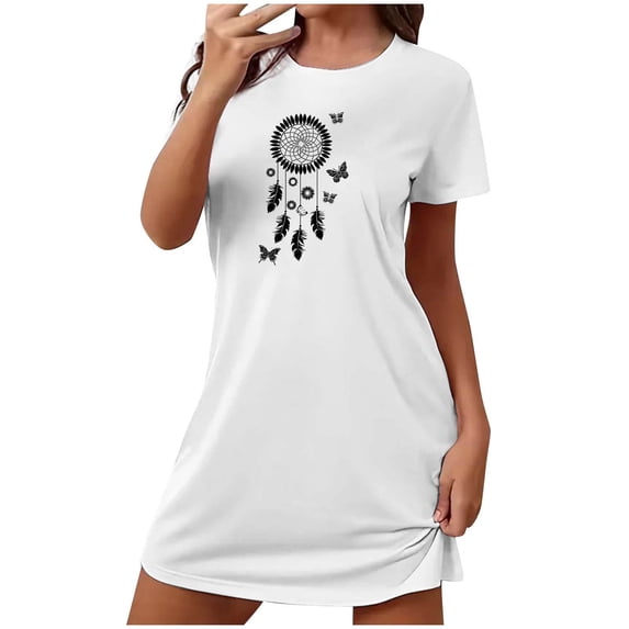 Tnhcen Inclusive Plus Size Sleep Dress Cute Print Short Sleeve Round Neck Breathable Polyester Spandex S-2XL for All Body Types