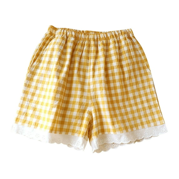 Tnhcen Lace Trim Plaid Sleep Shorts for Women Lightweight Loose Fit Casual Pajama Shorts with Soft Breathable Fabric M-XL