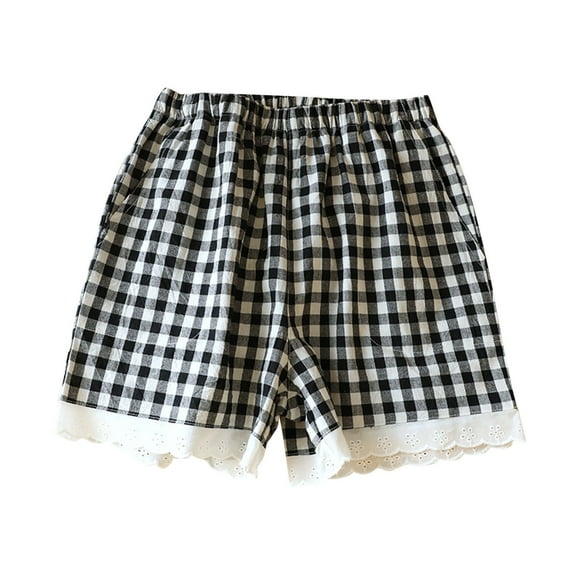 Tnhcen Lace Trim Plaid Sleep Shorts for Women Lightweight Loose Fit Casual Pajama Shorts with Soft Breathable Fabric M-XL