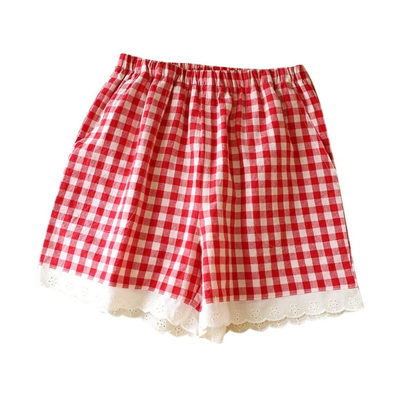 Tnhcen Lace Trim Plaid Sleep Shorts for Women Lightweight Loose Fit Casual Pajama Shorts with Soft Breathable Fabric M-XL
