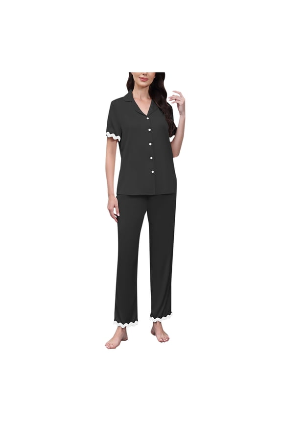 Ladies Pajama Set Short Sleeve Button Front Turn - Down Collar Contrast Color Scalloped Trim Sleepwear Pajama Pants Women's Nightwear Soft Stretchy Fabric S - 2XL