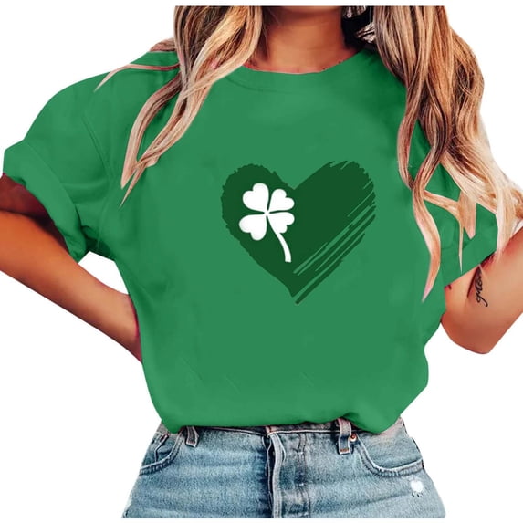 Tnhcen Ladies St. Patrick's Day Casual T Shirt Round Neck Short Sleeve S - 2XL Heart Clover Print Fashion Top Soft Stretchy Blouse
