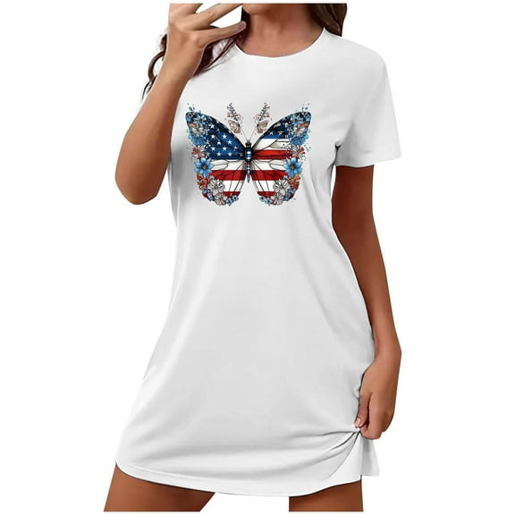 Tnhcen Large Size Independence Day Pajama Dress – Cute Star-Spangled Print Short Sleeve Crew Neck Stretchy Polyester Spandex S-2XL Plus Size for Holiday Lounging