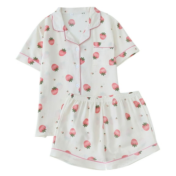 Tnhcen Lightweight and Comfortable Summer Women's Print Pjs Set Short Sleeve Button Up Top and Shorts Home Clothes​ S-XL