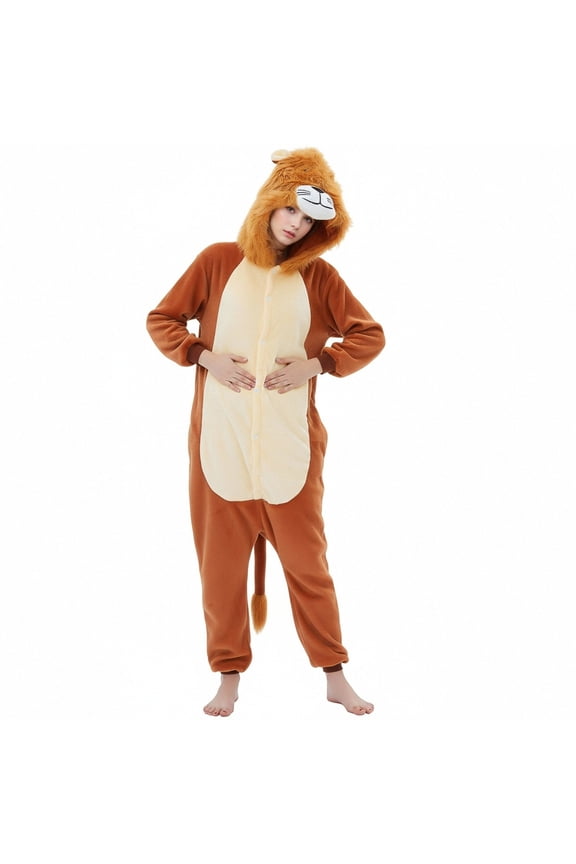 Lion Kigurumi Pajamas for Adults, Hooded Animal Onesie, 100% Polyester Flannel Fleece Costume Sleepwear, Cute and Warm Halloween Christmas Pajamas, S-XL