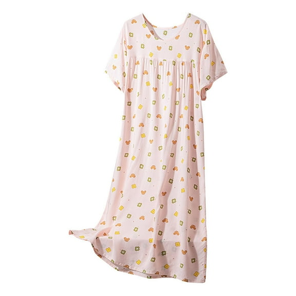 Tnhcen Long Floral Print Sleep Dress – Women's Summer Cotton Crew Neck Short Sleeve Soft Breathable Nightdress Free Size Plus Size for Sleeping