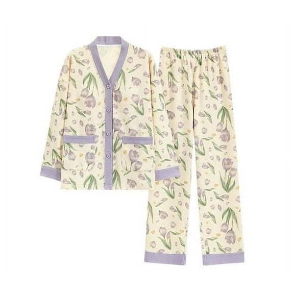 Tnhcen Long Sleeve Button Down Shirt With Long Pants Womens Pajama Sets Cotton Pj Set