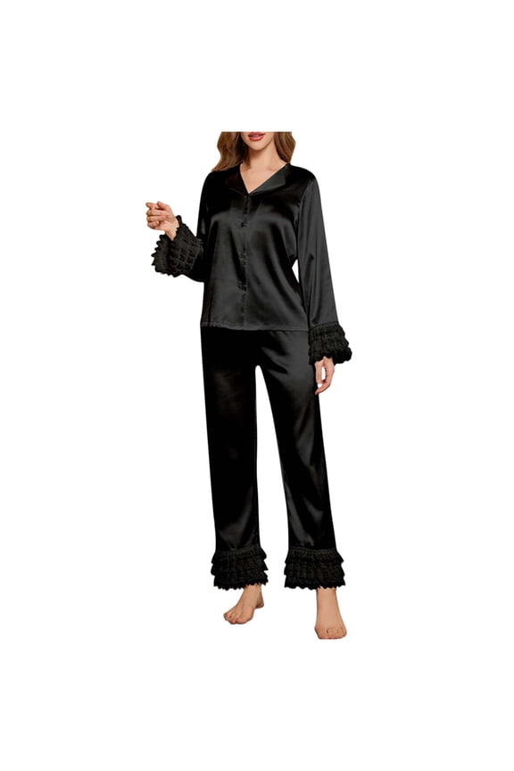 Long-Sleeve Silk Satin Pajama Set With A Button-Down Design, Perfect As Loungewear And Featuring A Convenient Pocket.