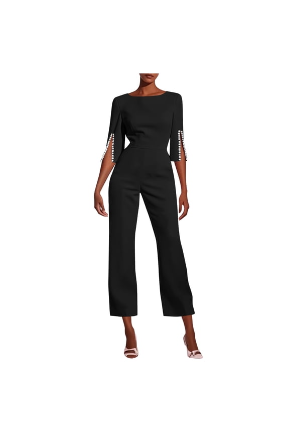 Loose Fit Women's Jumpsuit Round Neck 7/7 Sleeve Split Sleeve Wide Leg Long Pants with Stretch Casual Poly Jumpsuit for Women Lightweight Breathable Easy Care S-2XL