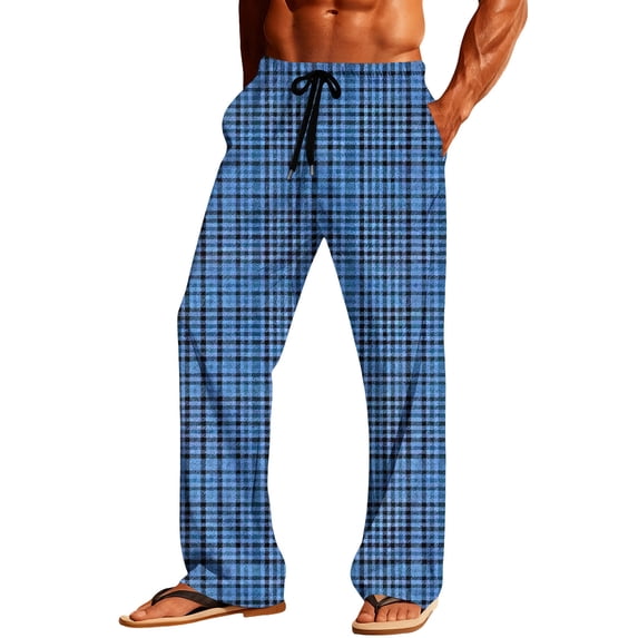 Tnhcen Men's Blue Plaid Pajama Pants, Elastic Waist Drawstring Lounge Pants, Two Pocket Straight Leg Sleepwear, Soft Polyester Spandex Home Wear S-3XL