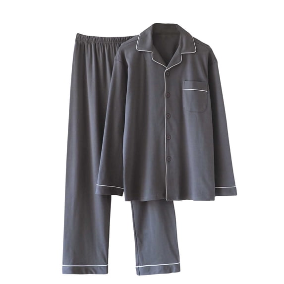 Tnhcen Men's Cotton Pajama Set Long Sleeve Turn - Down Collar Solid Color Fall Winter Warmth Relaxed Fit Pocket Design Men's Sleepwear Cozy Loungewear for Guys M - XL